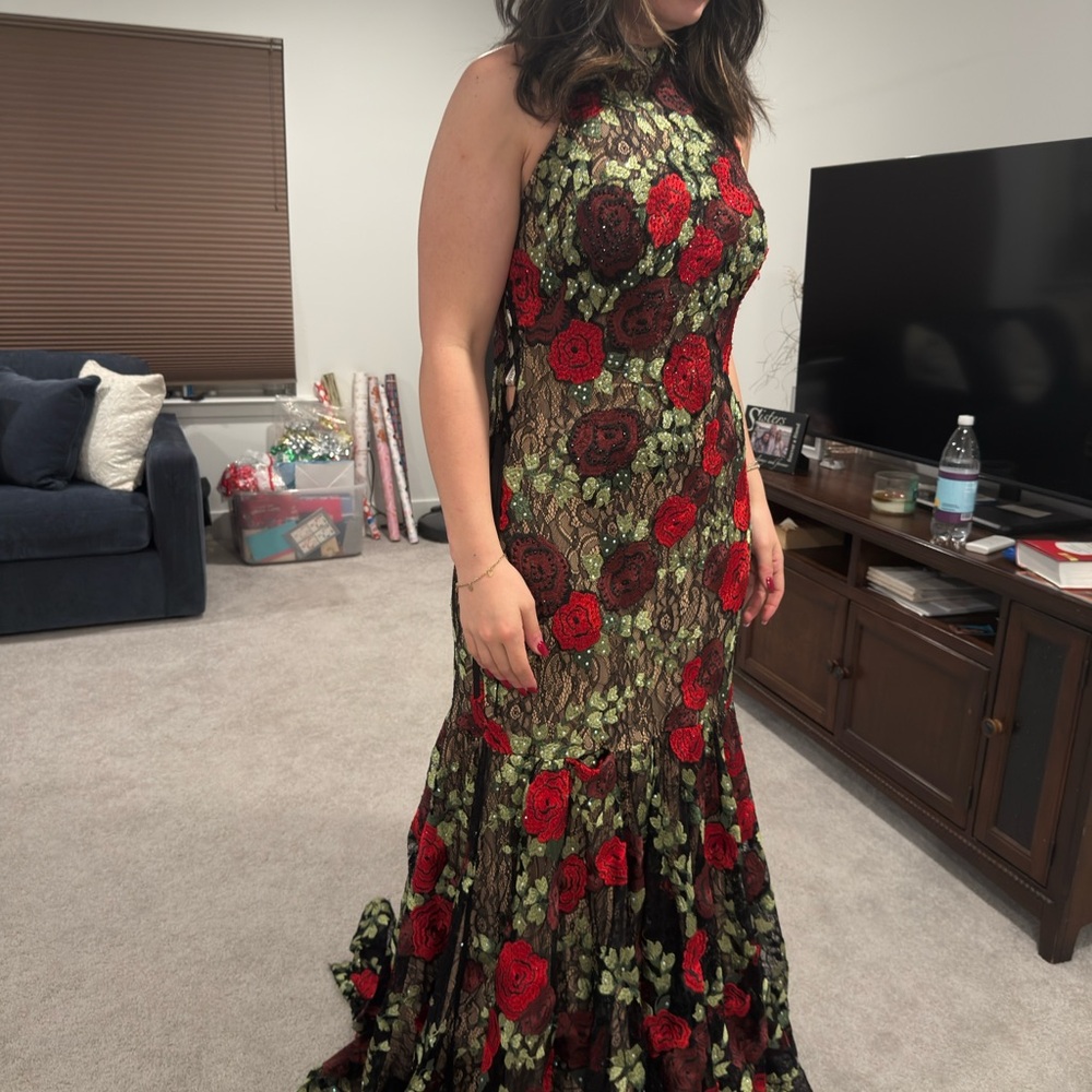 Jovani Red and Black Floral Prom Dress